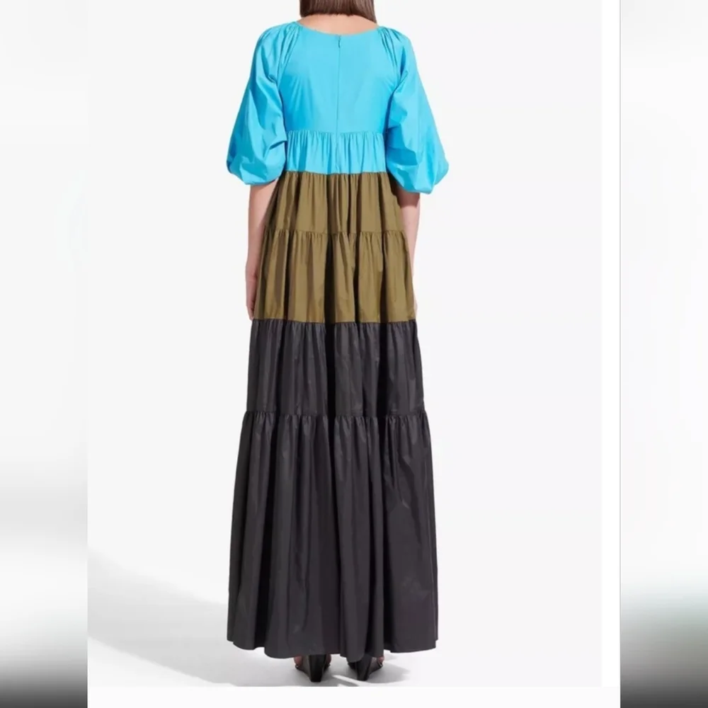 STAUD Meadow Color Block Puff Sleeve Tiered Maxi Dress Blue Black Olive Runway - Picture 8 of 13